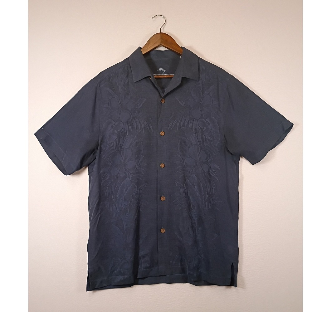Tropical Tommy Bahama Mens Medium Navy Blue Silk Floral Embroidered Camp Shirt